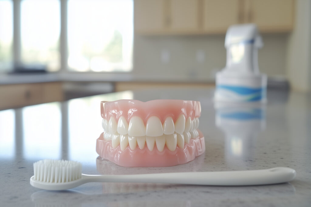 A set of dentures and denture care supplies